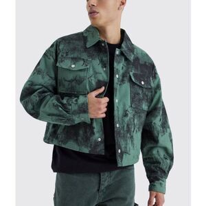 BoohooMAN BOXY ABSTRACT HEAVY TWILL CAMO TRUCKER - GREEN‎ XL nwt